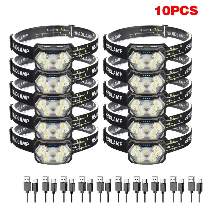 9 LED Strong Light Headlamp USB Rechageable Motion Sensor Headlight Portable Fishing Camping Outdoor Head Lamp Work Flashlight