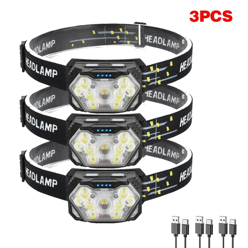 9 LED Strong Light Headlamp USB Rechageable Motion Sensor Headlight Portable Fishing Camping Outdoor Head Lamp Work Flashlight
