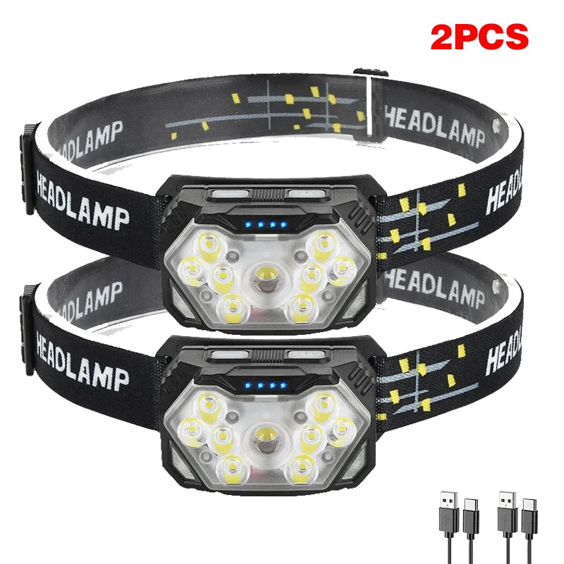 9 LED Strong Light Headlamp USB Rechageable Motion Sensor Headlight Portable Fishing Camping Outdoor Head Lamp Work Flashlight