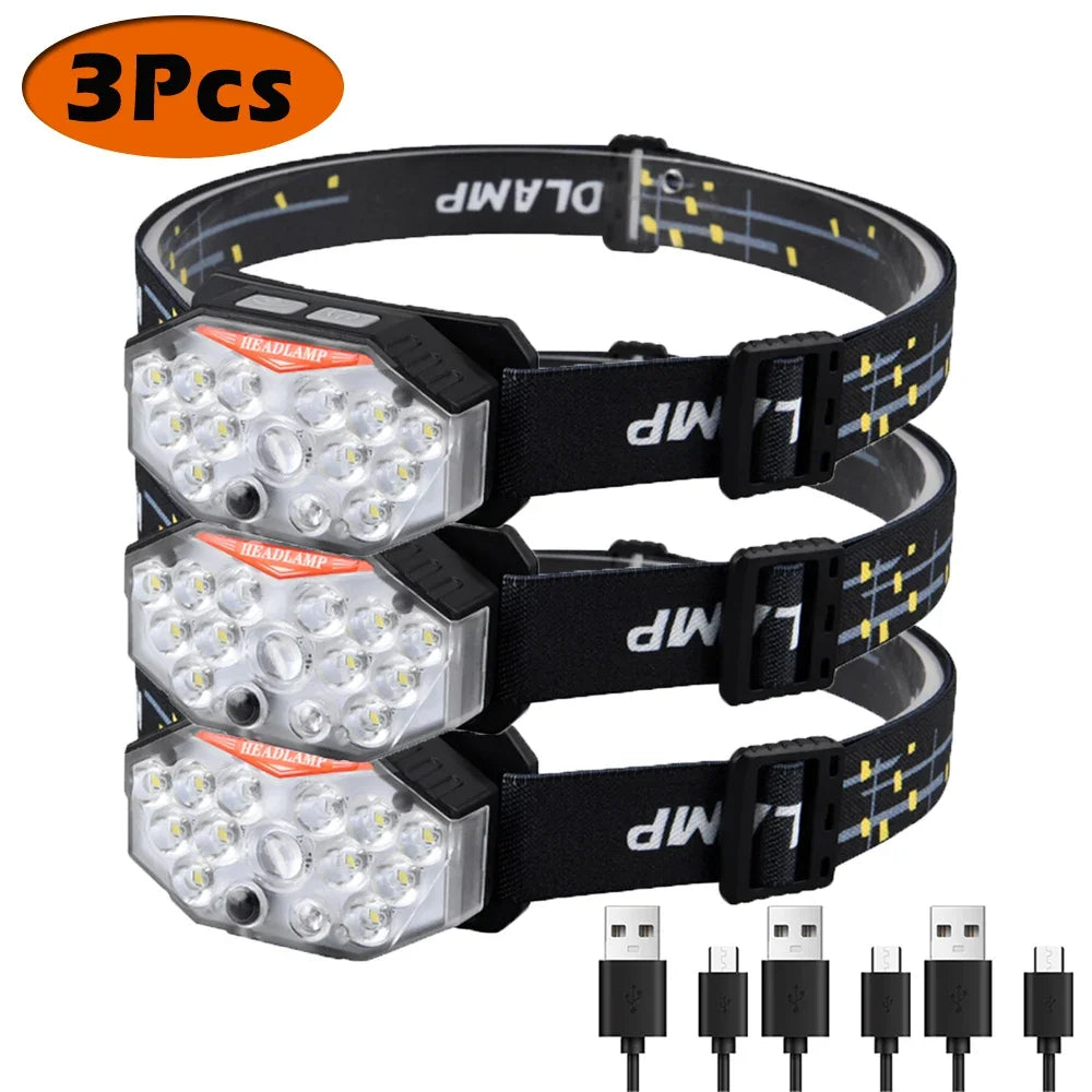 9 LED Strong Light Headlamp USB Rechageable Motion Sensor Headlight Portable Fishing Camping Outdoor Head Lamp Work Flashlight