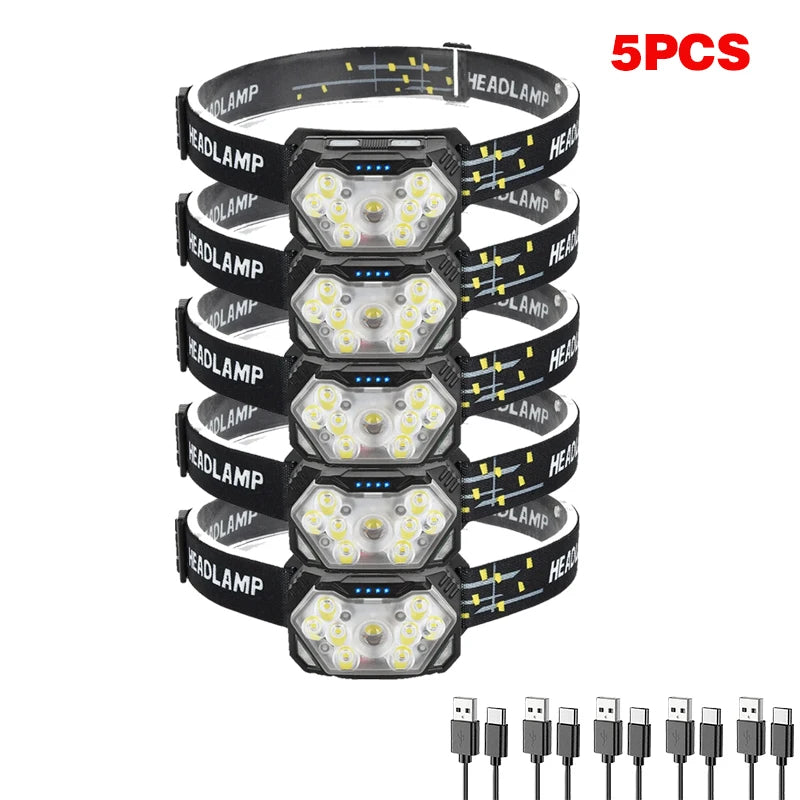 9 LED Strong Light Headlamp USB Rechageable Motion Sensor Headlight Portable Fishing Camping Outdoor Head Lamp Work Flashlight
