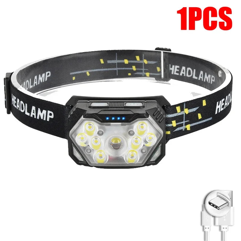 9 LED Strong Light Headlamp USB Rechageable Motion Sensor Headlight Portable Fishing Camping Outdoor Head Lamp Work Flashlight